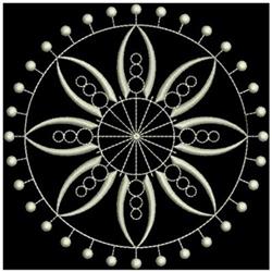 Circular floral design with elegant motifs, curved lines, and beaded accents on a dark background.