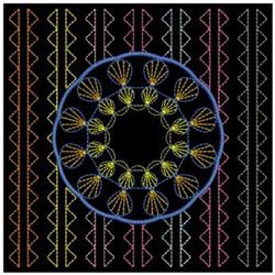 Circular floral pattern featuring colorful shell-like elements and vibrant vertical lines, ideal for quilting.