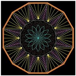 Circular geometric design with vibrant colors, featuring intricate shapes on a dark background, perfect for quilting.
