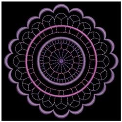 Circular decorative design featuring concentric circles in gradient purple hues, detailed symmetrical lines on a black backgr