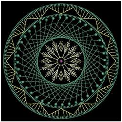 Circular geometric pattern features detailed symmetrical designs in vibrant greens and pastels against a black background.