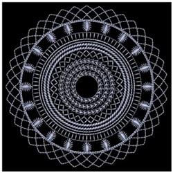 Circular geometric pattern featuring intricate spiral designs and concentric circles on a solid black background.