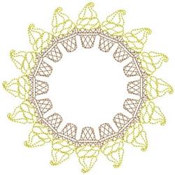 Delicate circular lace design with soft yellow thread and a brown outline featuring elegant loops.