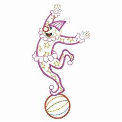 Playful clown balancing on a colorful ball, dressed in a pink and white star-adorned costume, cheerful expression.