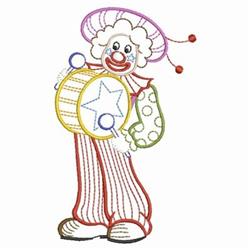 Cheerful clown with a drum, dressed in colorful attire with polka-dots, perfect for children's parties.