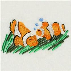 Playful clownfish with white stripes swim through colorful seaweed and blue bubbles, perfect for children's marine themes.