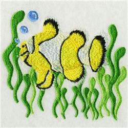 Vibrant clownfish swims among lush seaweed and playful blue bubbles, perfect for children's items and aquatic themes.