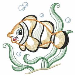 Playful clownfish with vibrant orange and white stripes swims among curvy seaweed and bubbles in a cartoonish style.