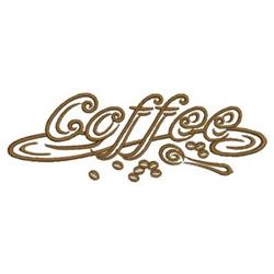 Whimsical design featuring the word 'Coffee' in warm brown, with playful coffee beans and spoon accents.