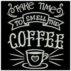 Whimsical text design reading 'Take Time to Smell the Coffee' with a heart coffee cup illustration on black background.