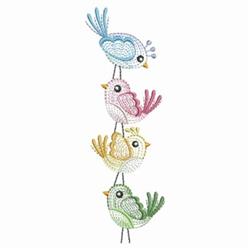 Colorful stack of four playful birds in pastel hues, perfect for children’s decor.