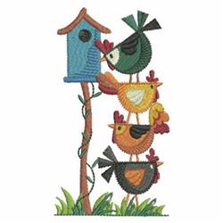 Playful design featuring three vibrant chickens stacked, a blue birdhouse above, and green grass below.