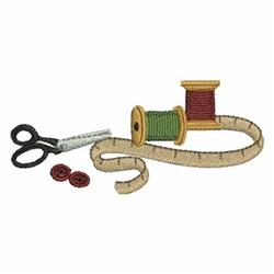 Colorful spools of thread in green and red beside silver scissors, with a measuring tape coiling softly around them.