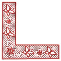 Ornate corner floral design featuring red flowers and butterflies, framed by decorative lattice in free standing lace.