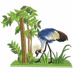 Vibrant crane bird with blue and white plumage foraging near bamboo and green grass, natural beauty.