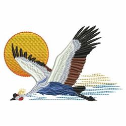 Crane in flight with detailed feathers, a vibrant sun in the background, and serene water below in this nature-inspired desig