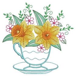 Applique cup with daffodils, surrounded by pink flowers and green leaves, designed for cheerful spring decor.