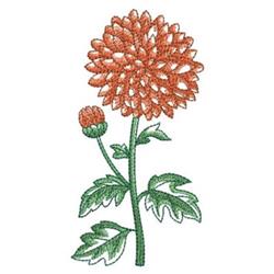 Vibrant orange dahlia and bud with detailed stitching on green leaves, perfect for spring floral decoration.
