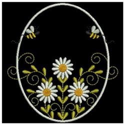 Whimsical floral design featuring white daisies and busy bees against a black background, perfect for spring.