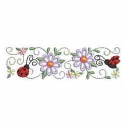 Whimsical daisies and ladybugs with swirling vines create a colorful floral scene, perfect for playful embroidery.