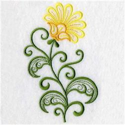Colorful daisy with yellow petals and whimsical green leaves, celebrating spring in a detailed quilting design.