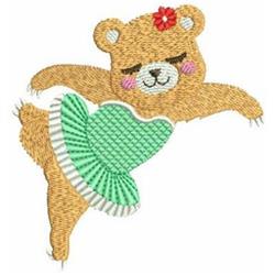 Applique dancing bear wearing a green tutu and a red flower, full of playful color and charm.