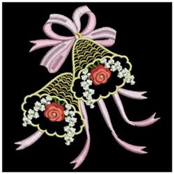 Decorative bells adorned with red roses and lily of the valley flowers, topped with pink ribbons, elegantly styled for weddin
