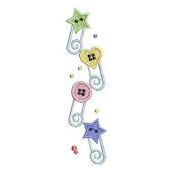 Decorative buttons arranged vertically feature stars and hearts in pastel colors with playful loops.