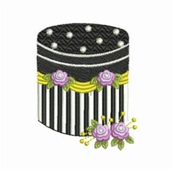 Decorative cake box with black and white stripes, dotted lid, yellow ribbon, and purple roses. Ideal for celebrations.
