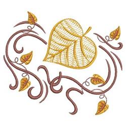 Decorative leaf design features a large textured leaf, warm yellow and brown autumn leaves, and swirling vines.