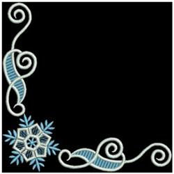 Whimsical decorative snowflake design with swirling blue and white elements on a black background, perfect for winter decor.