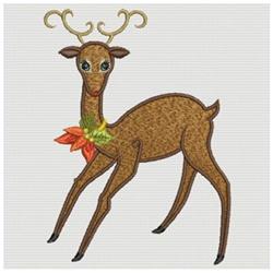 Playful deer with textured brown fur and graceful antlers, adorned with green foliage and orange leaves, perfect for holiday