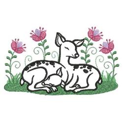 Playful deer nestled in grass among pink flowers, illustrated in a whimsical style, perfect for embroidery.