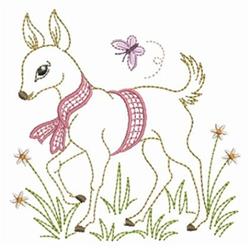 Charming deer with a pink scarf in spring, surrounded by flowers and grass, with a butterfly above, whimsical style.