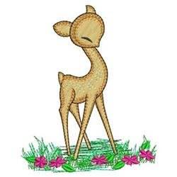 Playful deer stands amidst vibrant pink flowers and lush green grass, capturing a whimsical springtime scene.