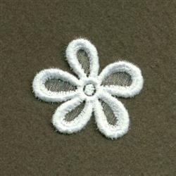 Delicate white flower with five smooth loops and a central circle, set against a dark background.