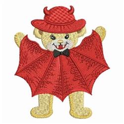 Playful bear in a bright red devil costume with a cheerful face, perfect for Halloween decor.