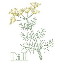 Minimalist line art dill plant with slender green stems and yellow flowers, featuring a clear 'Dill' label.
