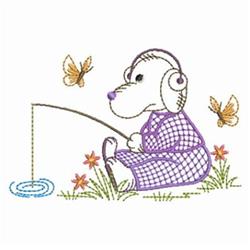 Playful dog with headphones in purple outfit, sitting by a pond with butterflies and flowers, perfect for kids.