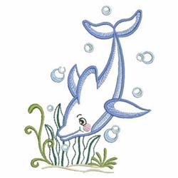 FSL dolphin swimming joyfully through green seaweed with bubbles, capturing a playful underwater vibe.
