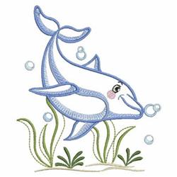Playful dolphin swimming upwards among white bubbles and green seaweed in cartoon style, perfect for kids.