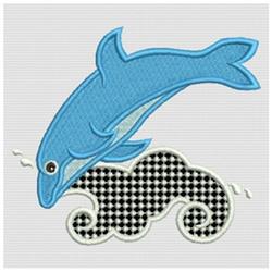 Playful dolphin jumping above black and white waves, outlined in contrast, ideal for children's themes.