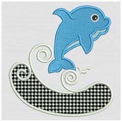 Playful blue dolphin leaps over stylish black and white wave with dynamic swirls in this cheerful design.
