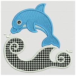 Playful dolphin leaping over black and white checked waves in a cheerful design, perfect for kids.