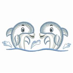 Playful dolphins in light blue with darker accents emerge from waves, surrounded by bubbles. Perfect for children's beach ite