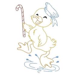 Cheerful duck with yellow body and blue highlights, holding a candy cane amidst playful water splashes, perfect for Spring.