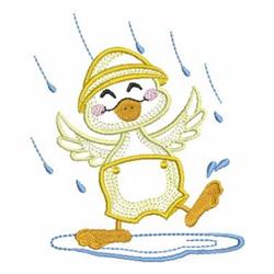 Playful duck in a yellow hat and shorts splashes in a puddle during spring, with soft colors and raindrops.