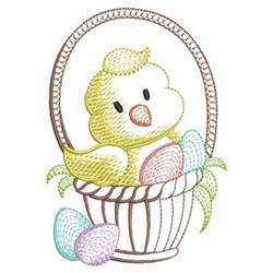 Cute duckling peeking from a basket with pastel eggs, perfect for festive Easter decorations.