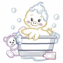 Applique duckling in a bubbly bathtub with a teddy bear beside, cheerful pastel colors for baby shower theme.