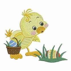 Playful yellow duckling with rosy cheeks gazes at a colorful Easter egg in green grass, next to a brown basket.